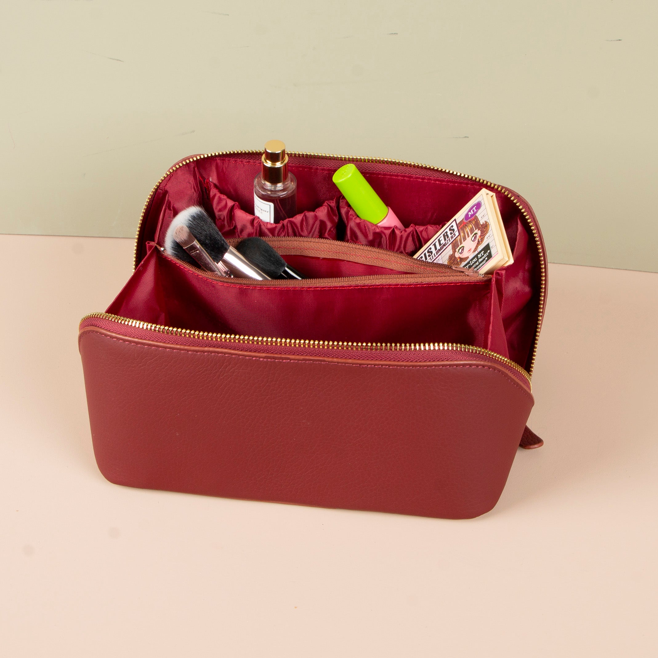 Luxury Leather Travel Vanity Case – Elegant & Spacious- Dark Claret Red - San Jose