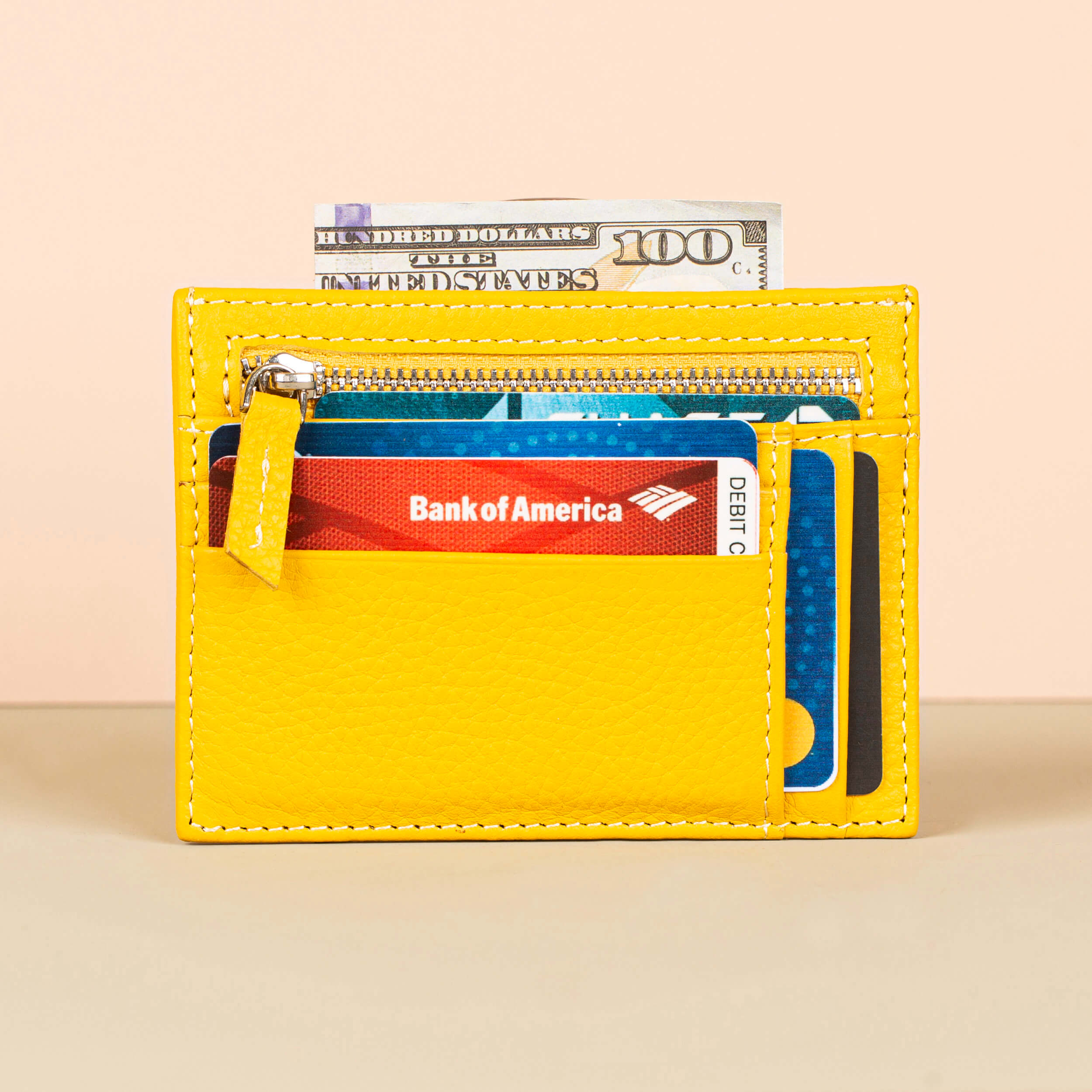 Vibrant Leather Card Holder with Zipper Pocket - Yellow - Concord