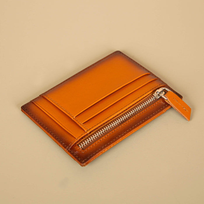 Vibrant Leather Card Holder with Zipper Pocket - Caramel Brown - Concord