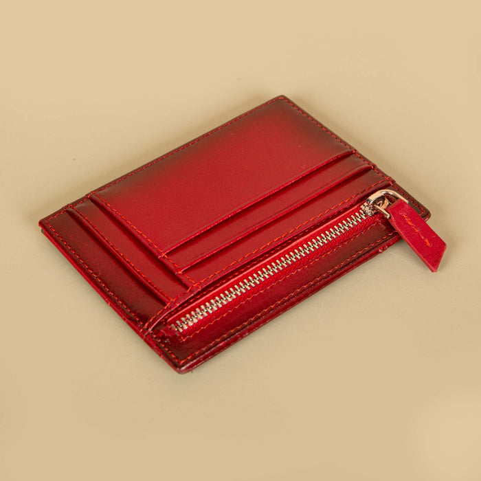 Vibrant Leather Card Holder with Zipper Pocket - Glossy Red - Concord