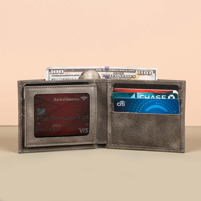 Classic Leather Bifold Wallet - Grey - Los Angeles