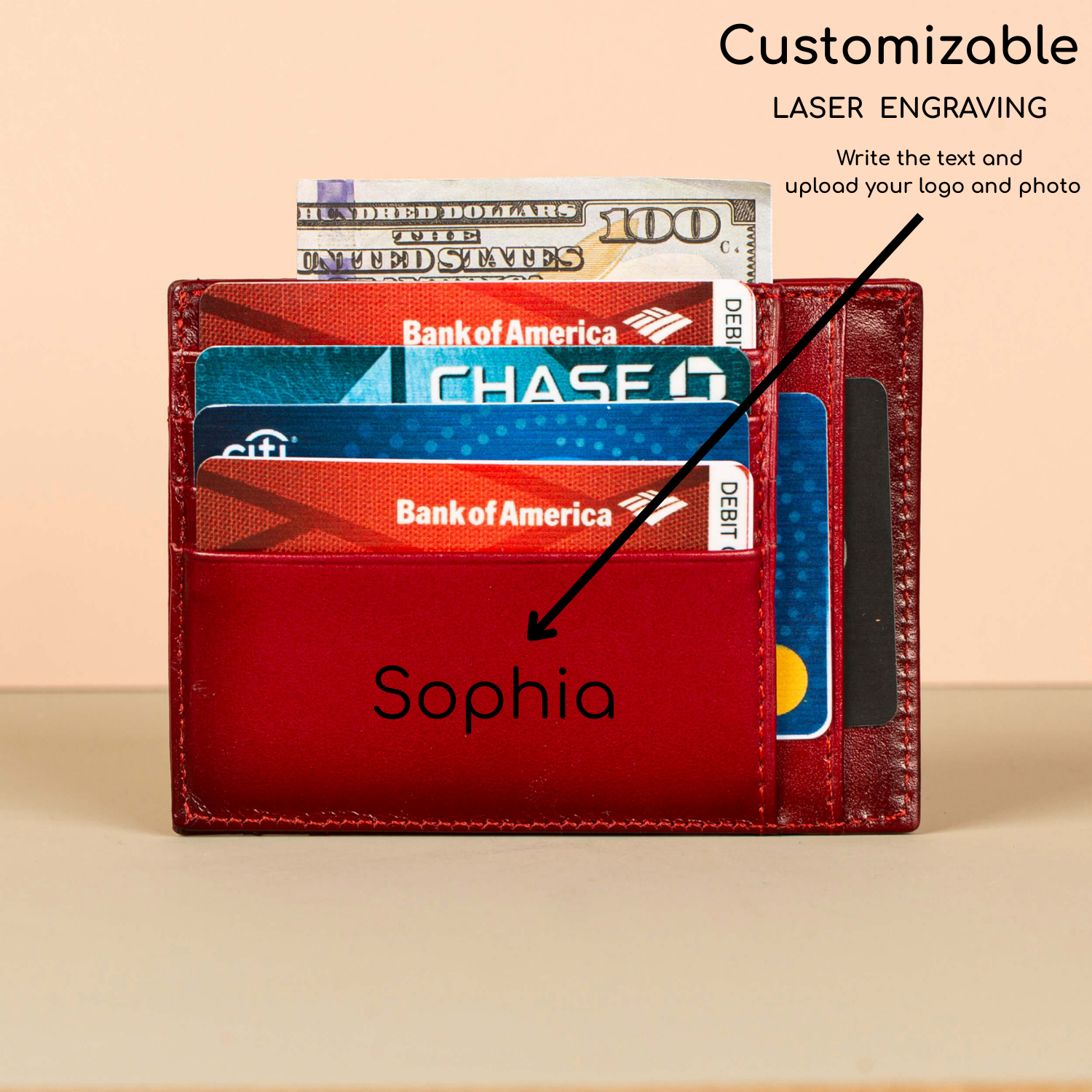 Vibrant Leather Card Holder with Zipper Pocket - Glossy Red - Concord