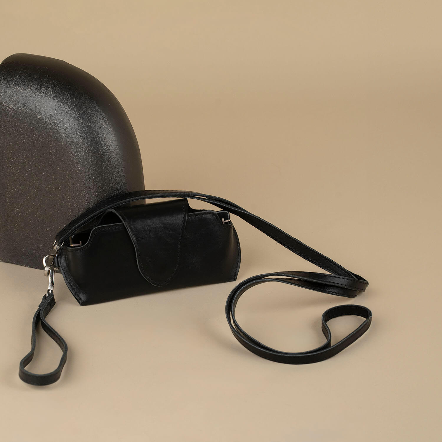 Leather Sunglass Case with Wrist Strap - Black - Denver