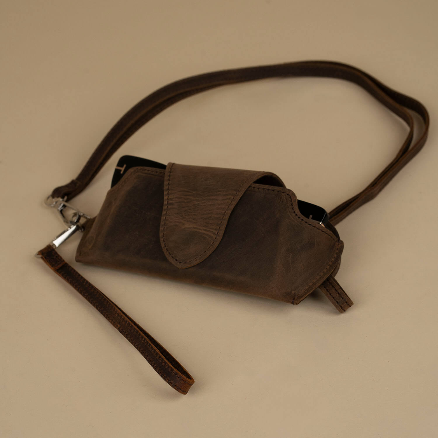 Leather Sunglass Case with Wrist Strap - Rich Dark Brown - Denver