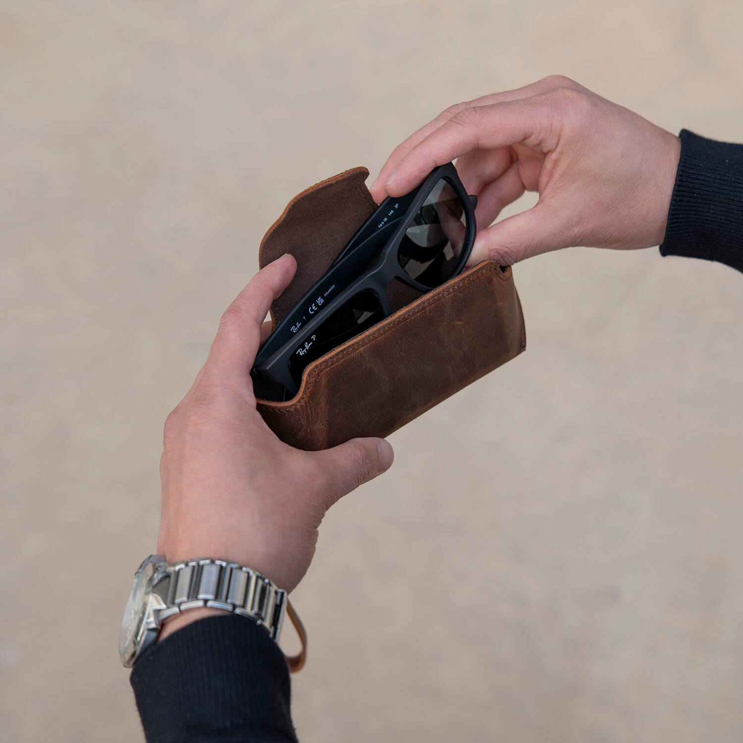 Leather Sunglass Case with Wrist Strap - Dark Brown - Denver