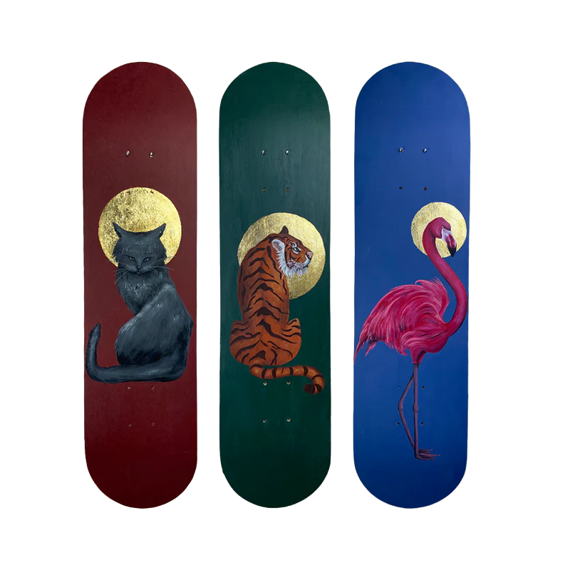 Skateboard Wall Art Set, "Holy Animals" Hand-Painted Wall Decor Set of 3