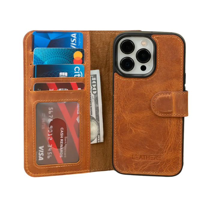 Brown Leather iPhone 16 Series Wallet Case - LEATHERE