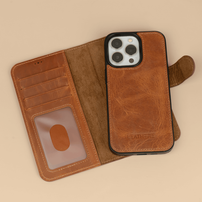 Brown Leather iPhone 16 Series Wallet Case - LEATHERE