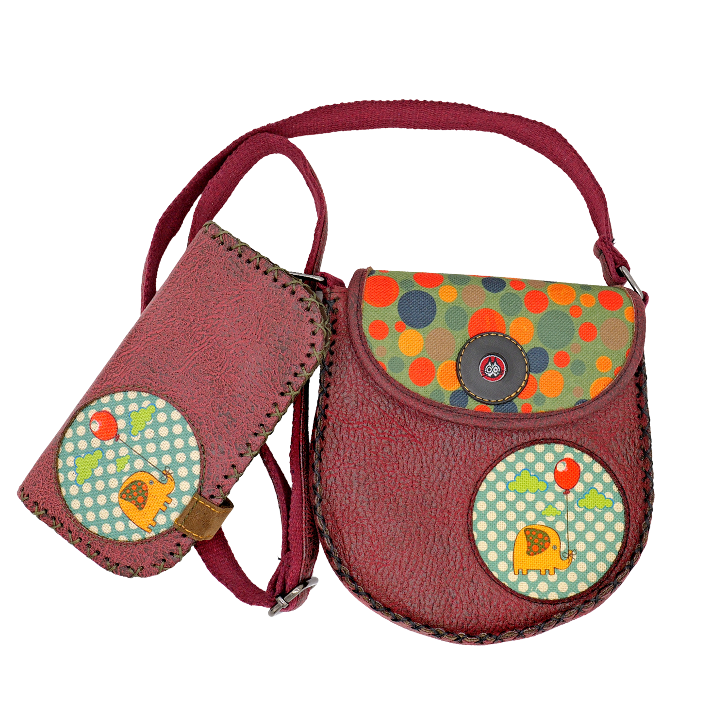 Playful Elephant Leather Handbag & Large Wallet Set Of Two – Burgundy