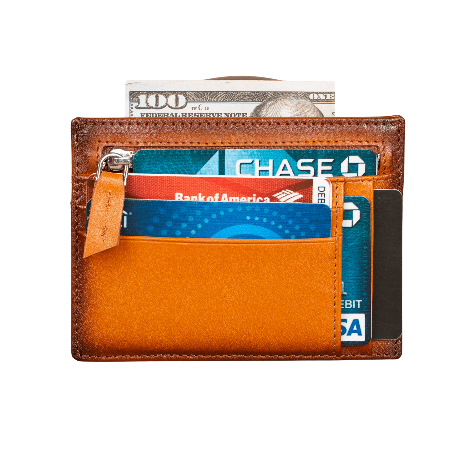 Vibrant Leather Card Holder with Zipper Pocket - Caramel Brown - Concord