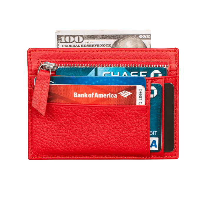 Vibrant Leather Card Holder with Zipper Pocket - Red - Concord