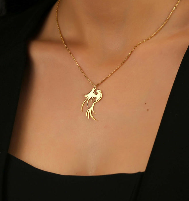 14K Gold Phoenix Necklace, Dainty Phoenix Bird Necklace | Dainty Phoenix Bird Pendant, Silver Phoenix Bird Pendant |Gold Fire Bird Necklace