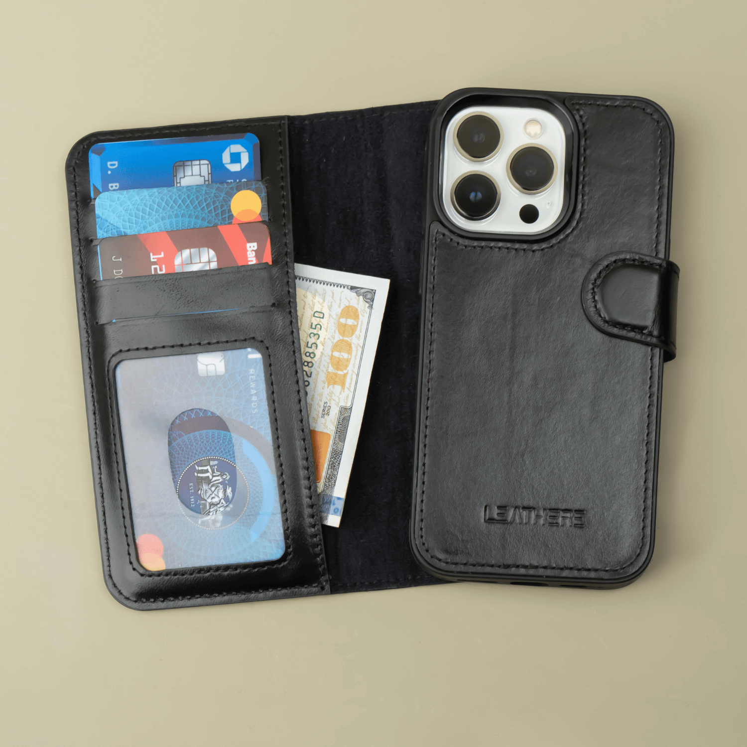 Black Leather iPhone 16 Series Wallet Case - LEATHERE