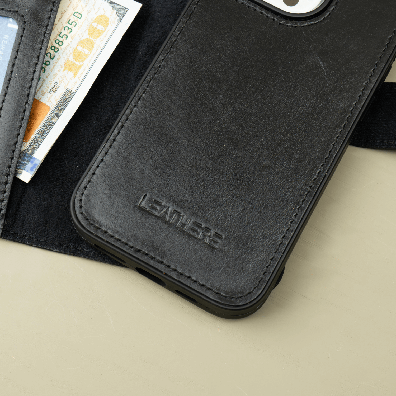 Black Leather iPhone 16 Series Wallet Case - LEATHERE