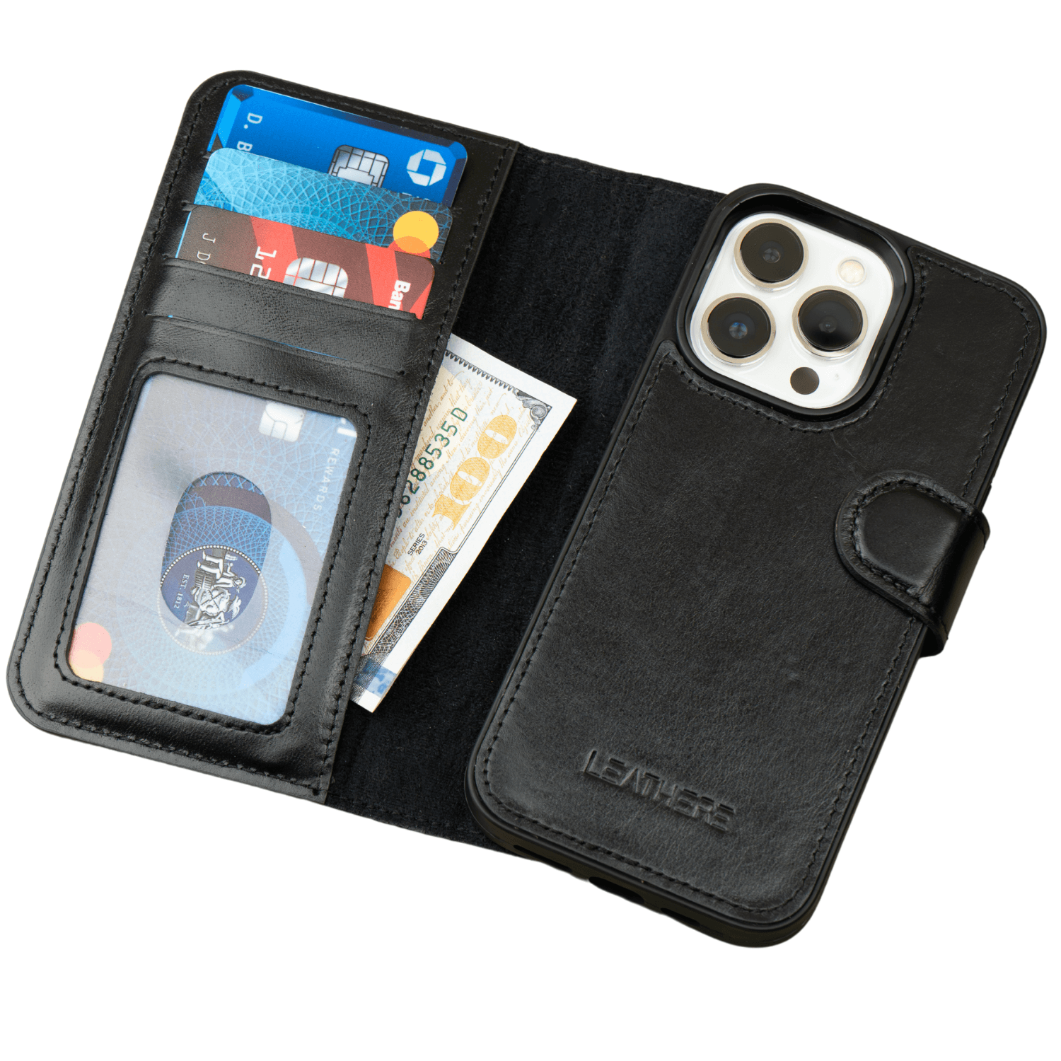 Black Leather iPhone 16 Series Wallet Case - LEATHERE