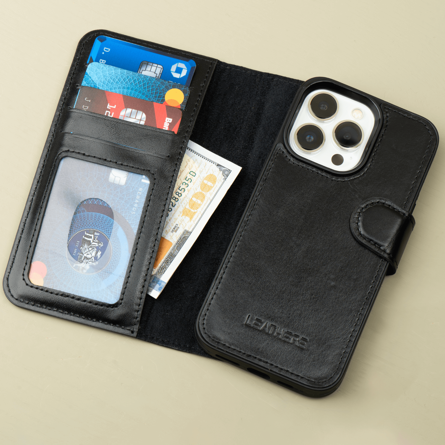 Black Leather iPhone 16 Series Wallet Case - LEATHERE