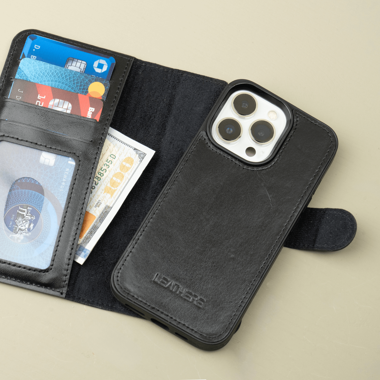 Black Leather iPhone 16 Series Wallet Case - LEATHERE