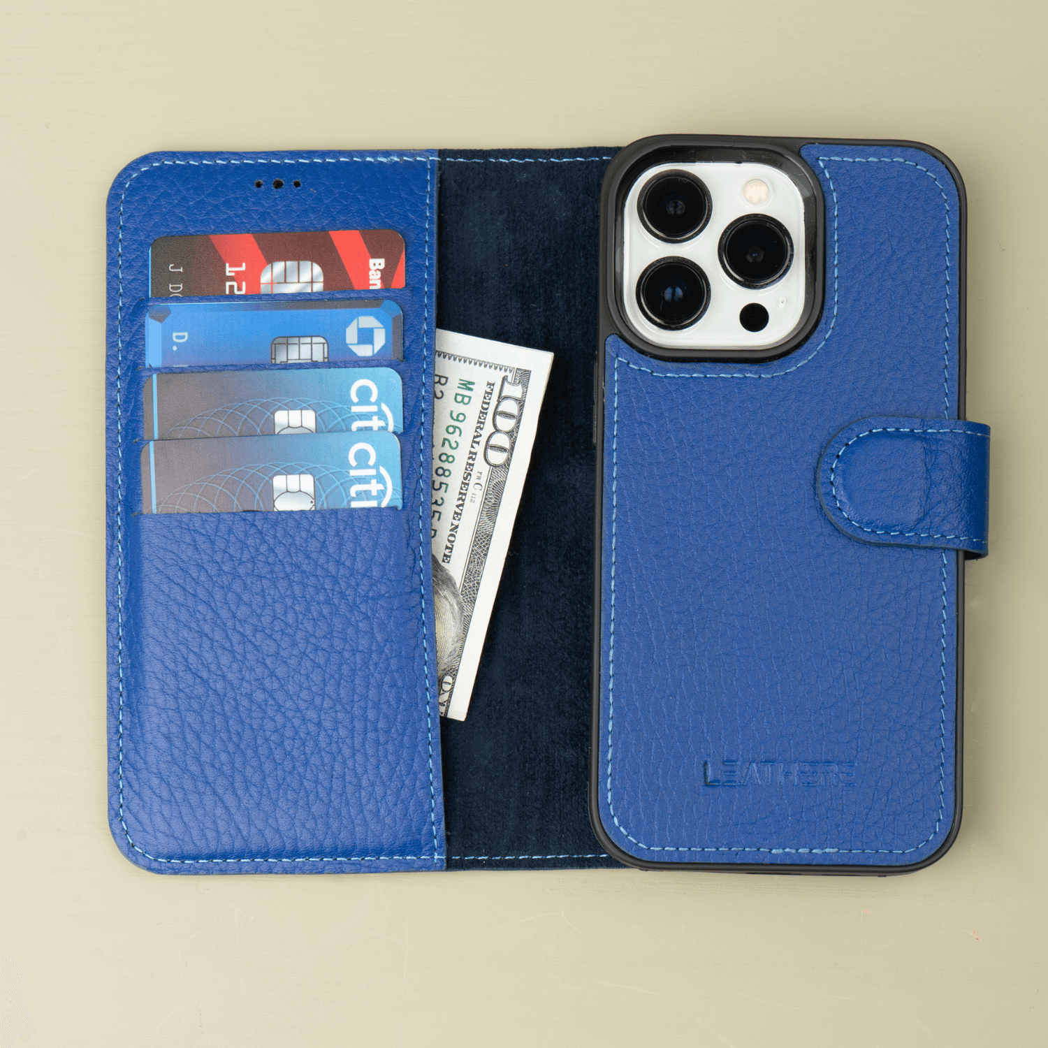 Blue Leather iPhone 16 Series Wallet Case - LEATHERE