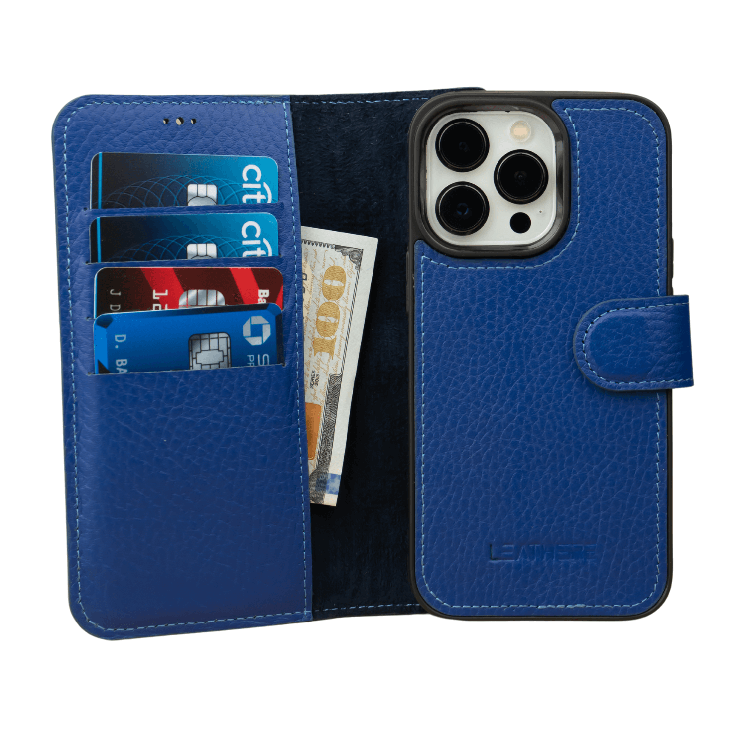 Blue Leather iPhone 16 Series Wallet Case - LEATHERE