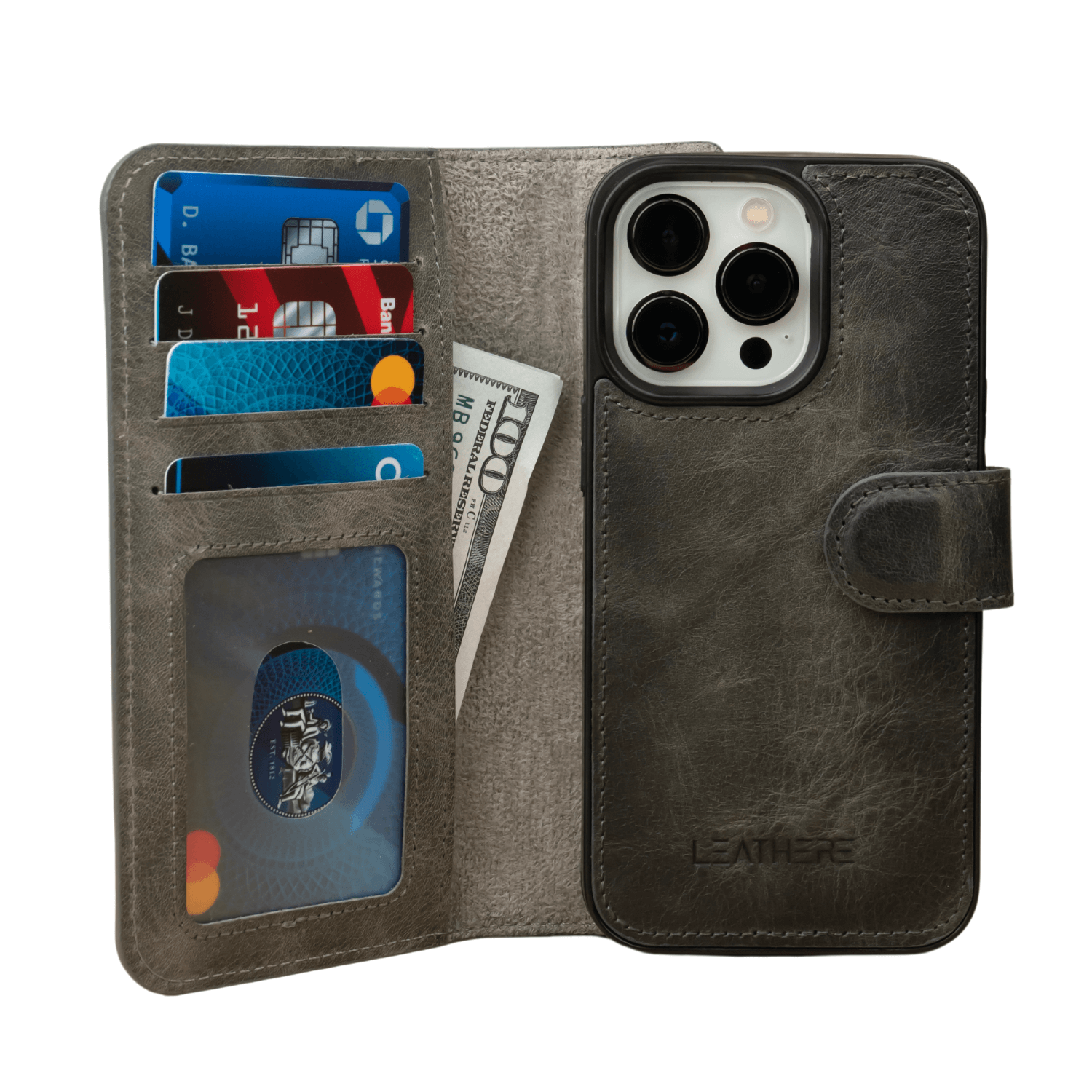 Grey Leather iPhone 16 Series Wallet Case - LEATHERE