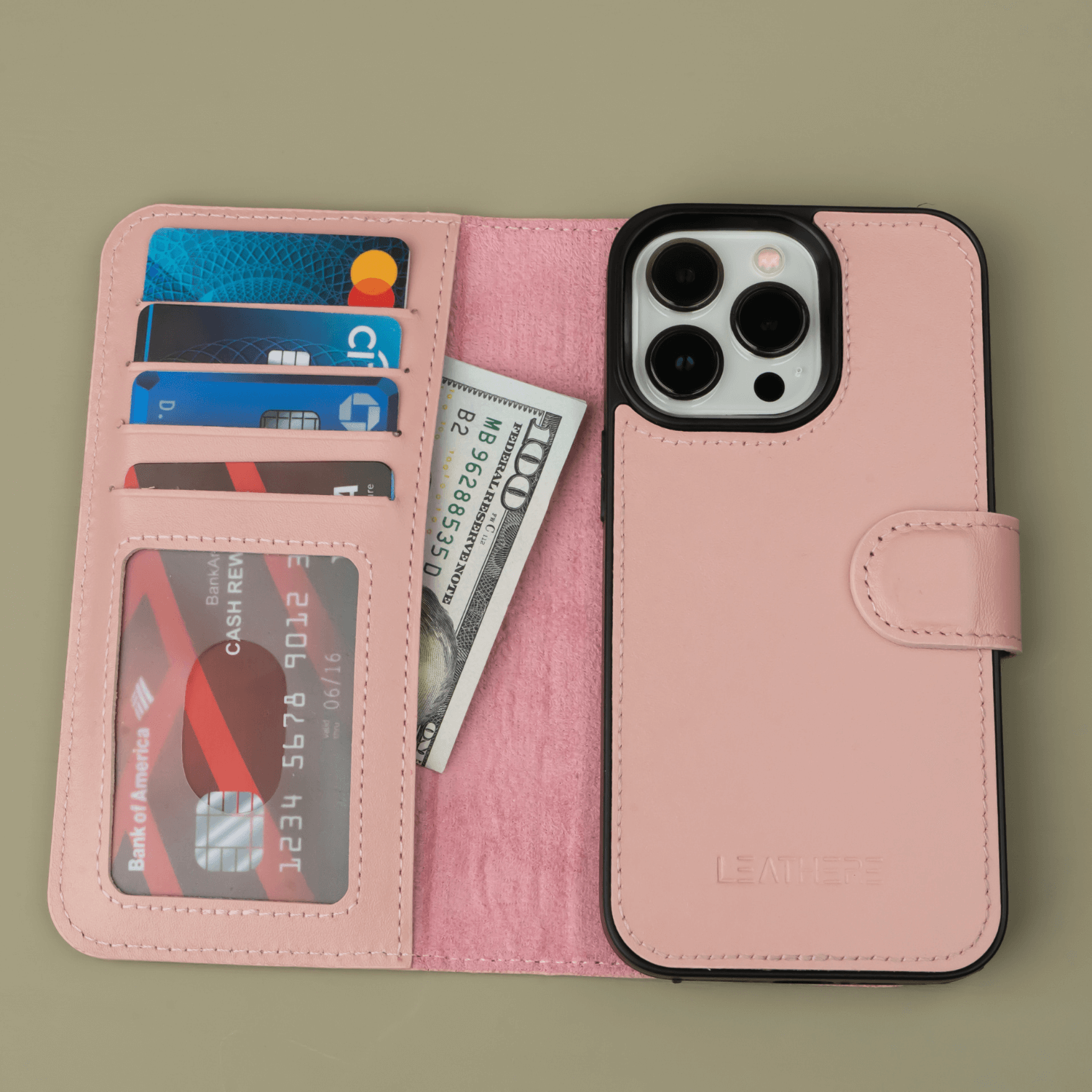 Pink Leather iPhone 16 Series Wallet Case - LEATHERE