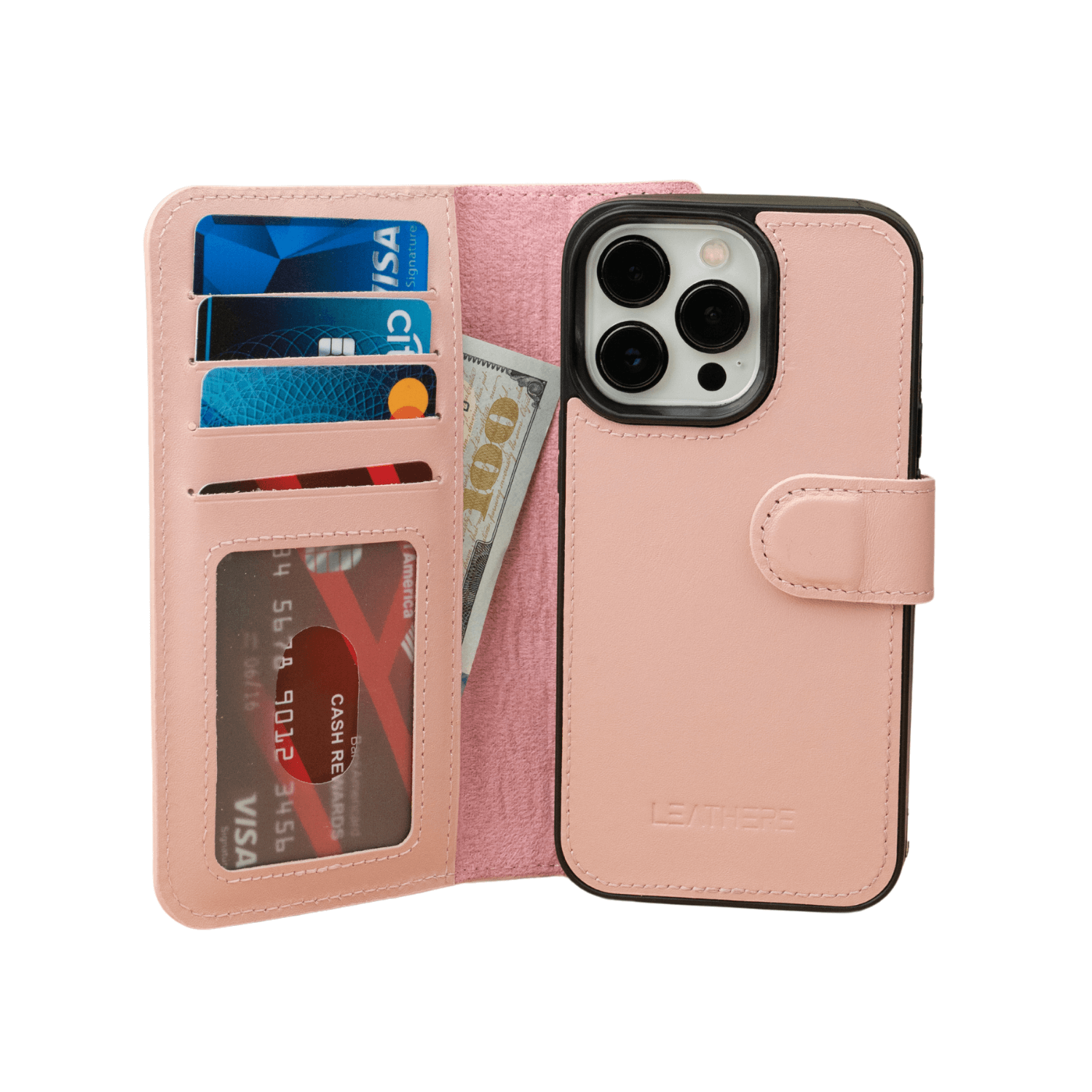 Pink Leather iPhone 16 Series Wallet Case - LEATHERE