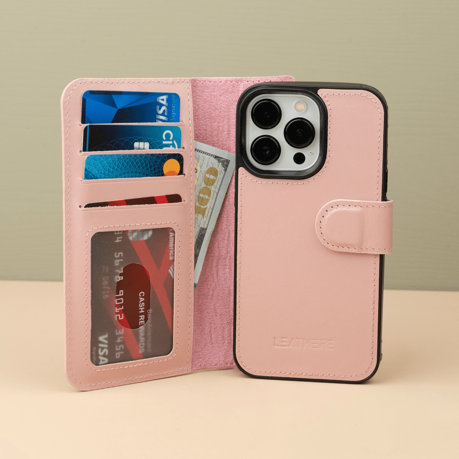 Pink Leather iPhone 16 Series Wallet Case - LEATHERE