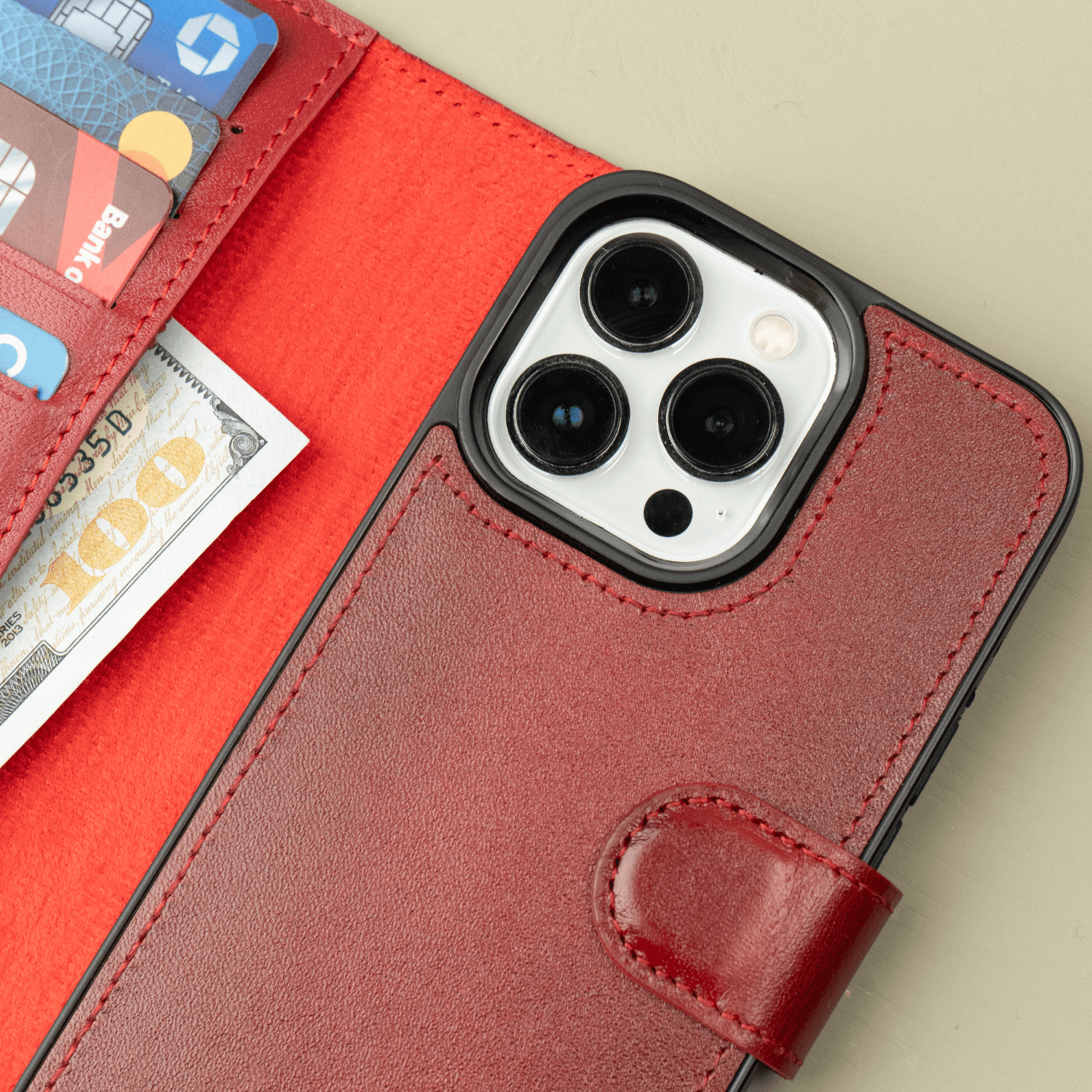 Red Leather iPhone 16 Series Wallet Case - LEATHERE