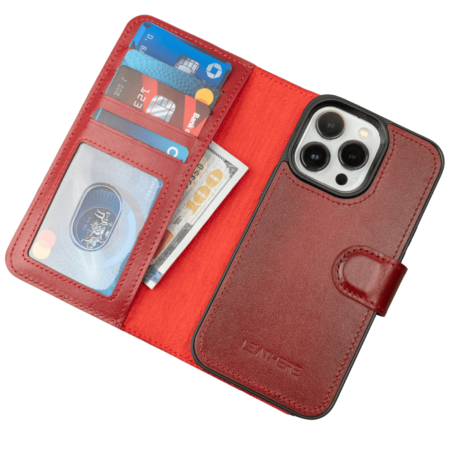 Red Leather iPhone 16 Series Wallet Case - LEATHERE