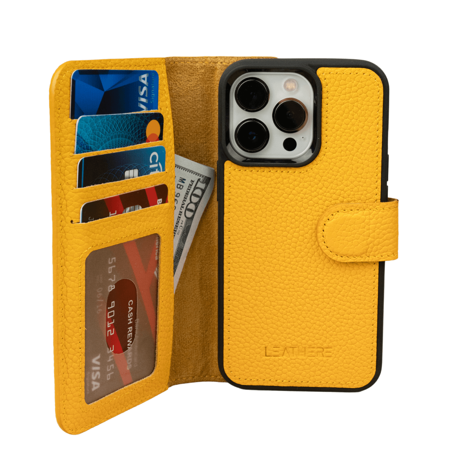Yellow Leather iPhone 16 Series Wallet Case - LEATHERE