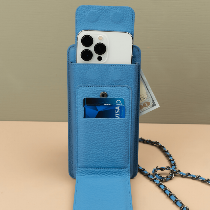 Blue Leather iPhone Case with Integrated Wallet