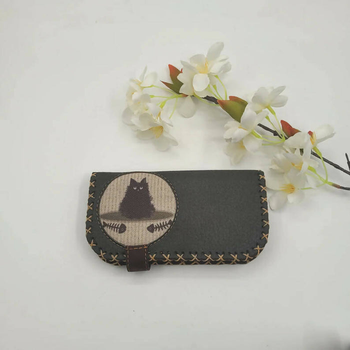 Black Cat Leather Wallet|Bohemian Nubuck Small Bag|Vegan Money Bag|Authentic Card Holder|Handmade Wallet for Women|Eco Friendly Coin Purse - wboxgo.com