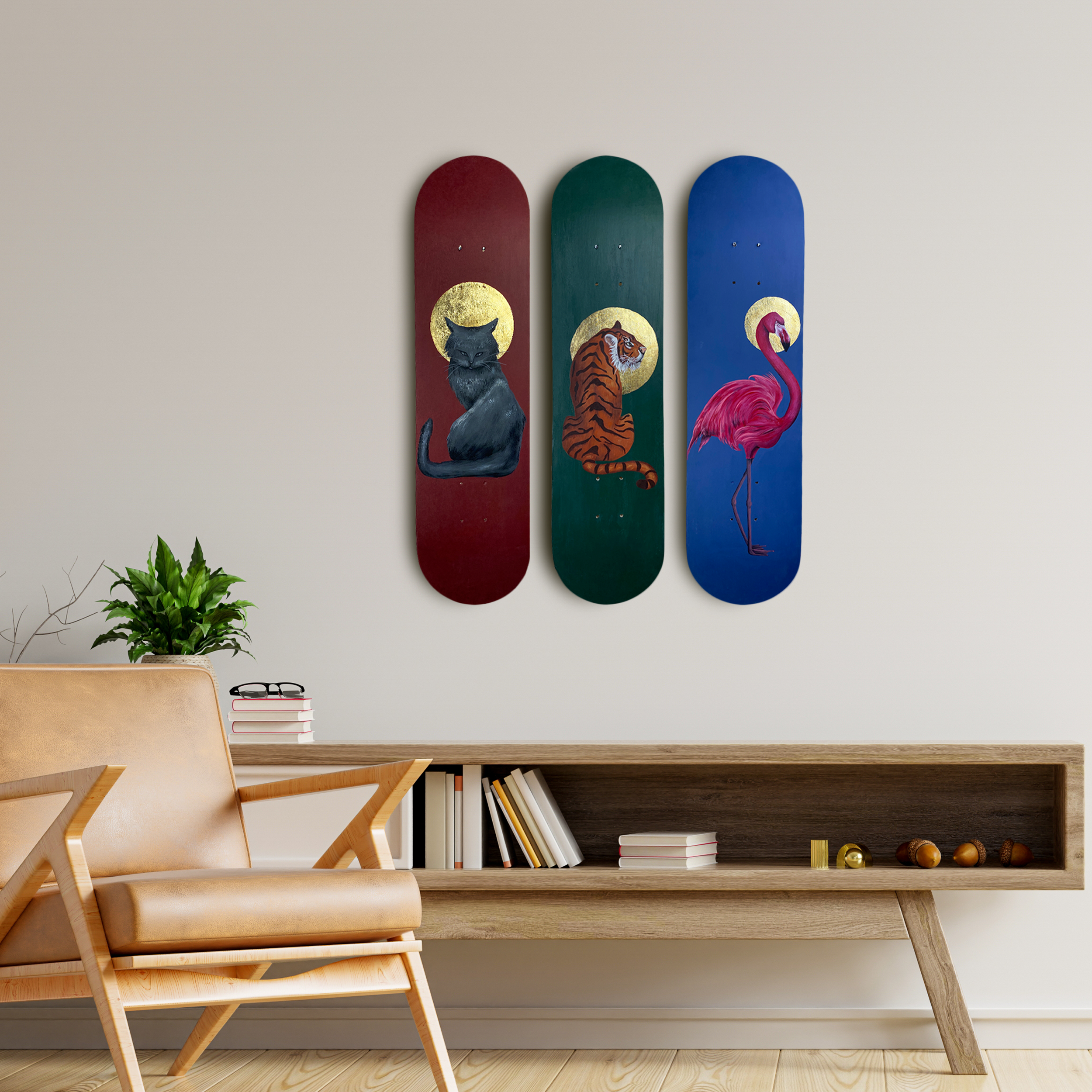 Skateboard Wall Art Set, "Holy Animals" Hand-Painted Wall Decor Set of 3 - wboxgo.com