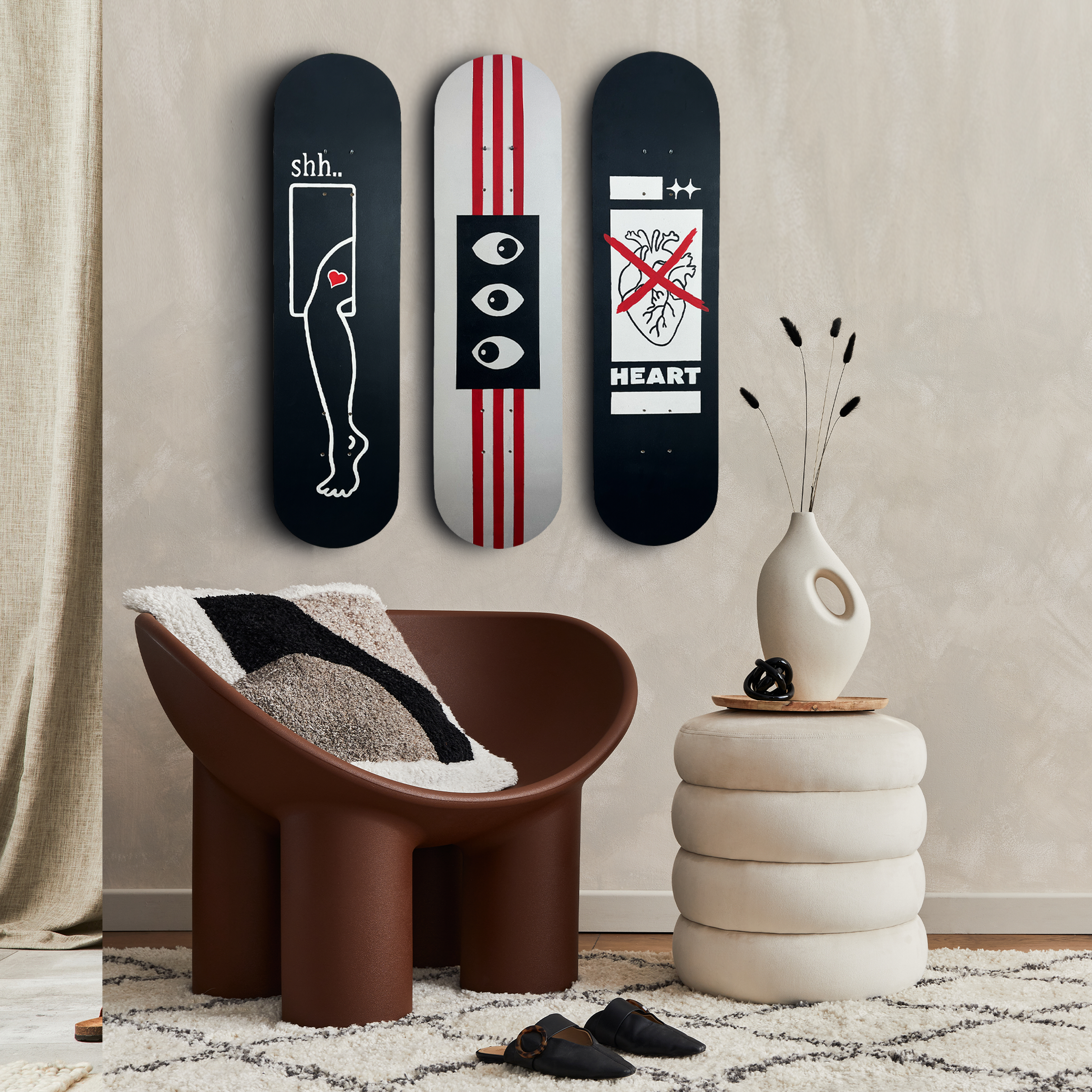 Skateboard Wall Art Set, "Brutal Love" Hand-Painted Wall Decor Set of 3 - wboxgo.com