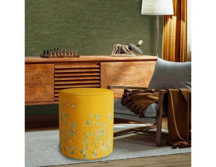 Floral Bird Round Pouf|Wooden Frame Pouf Chair|Decorative Footstool|Suede Circle Seat with Leaves|Ottoman Chair Stool|Cozy Living Room Decor