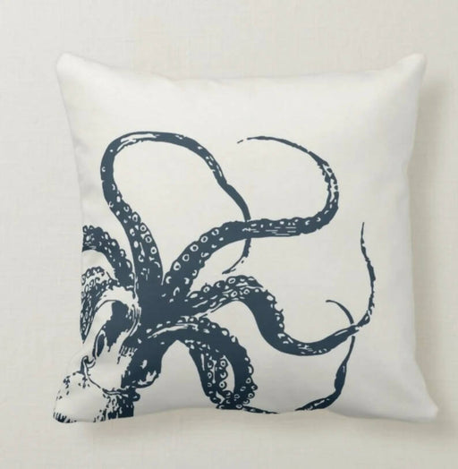 Beach House Pillow Case|Navy Marine Pillow Cover|Nautical Blue Gray Cushion|Seaweed Throw Pillow|Octopus Crab Home Decor|Porch Pillow Case - wboxgo.com