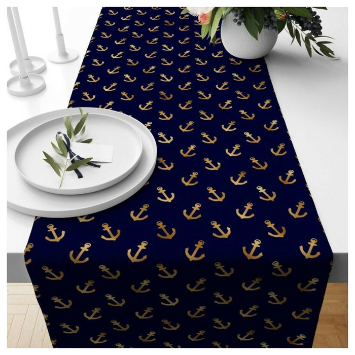 Nautical Table Runner|Blue Anchor Tabletop|Beach House Decor|Fish Kitchen Runner|Navy Marine Table Centerpiece|Starfish Print Tablecloth