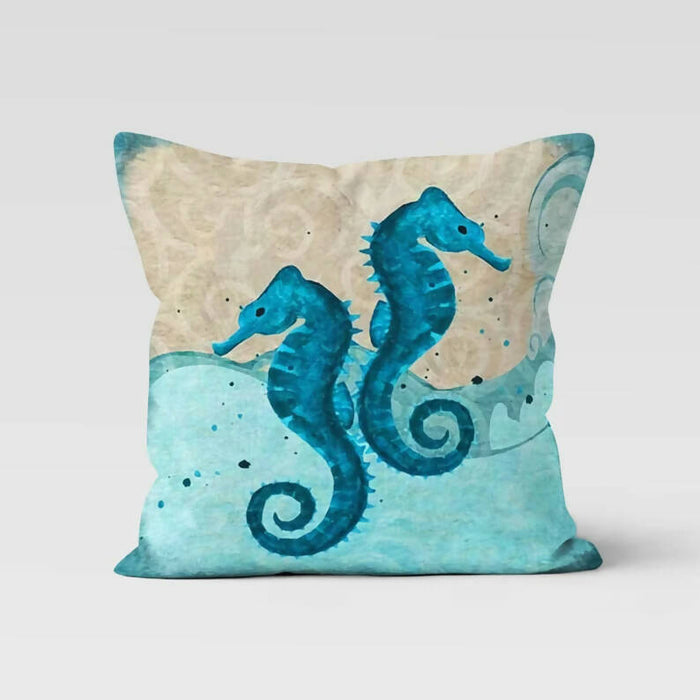 Beach House Pillow Case|Turquoise Beige Nautical Home Decor|Seahorse Pillowcase|Whale and Sea Turtle Cushion Cover|Coastal Throw Pillow Top - wboxgo.com