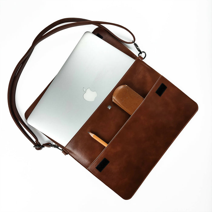 Custom Corporate Unisex 13 inch Leather Laptop Case with Adjustable and Removable Strap, Laptop Sleeve, A4 Document Holder, Laptop Bag - wboxgo.com