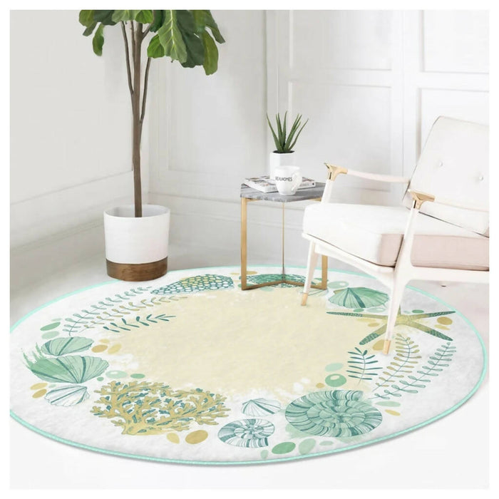 Beach House Round Rug|Non-Slip Round Carpet|Beige Turquoise Starfish Seahorse Carpet|Seaweed Seashell Nautical Area Rug|Coastal Home Decor