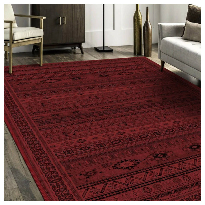 Turkish Oriental Rug|Red Black Machine-Washable Non-Slip Kilim Rug|Ethnic Design Carpet|Traditional Anatolian Multi-Purpose Anti-Slip Carpet