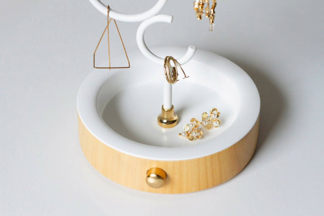 HOOP - Jewelry Holder / Organiser / White and Gold / Wooden Base / Earring and Ring Display
