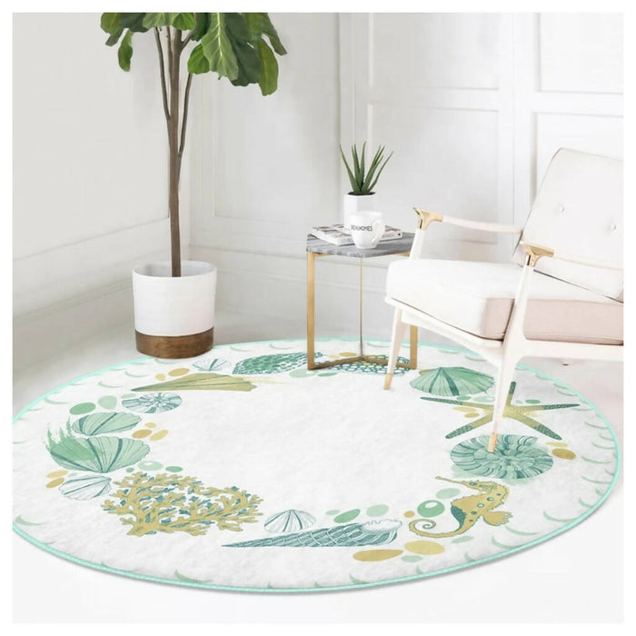 Beach House Round Rug|Non-Slip Round Carpet|Beige Turquoise Starfish Seahorse Carpet|Seaweed Seashell Nautical Area Rug|Coastal Home Decor