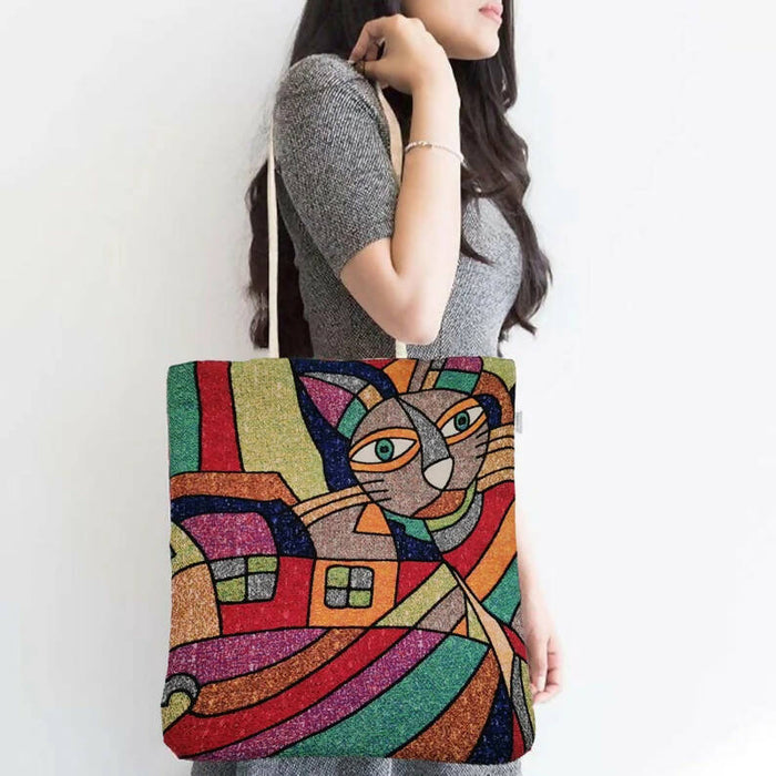 Gobelin Tapestry Shoulder Bag|Cute Cats Gift Handbag For Her|Woven Tapestry Fabric|Cat Print Tote Bag|Cat Lover Gift|Purse for Daily Use