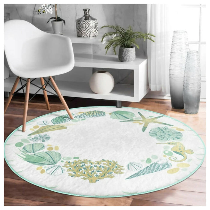 Beach House Round Rug|Non-Slip Round Carpet|Beige Turquoise Starfish Seahorse Carpet|Seaweed Seashell Nautical Area Rug|Coastal Home Decor