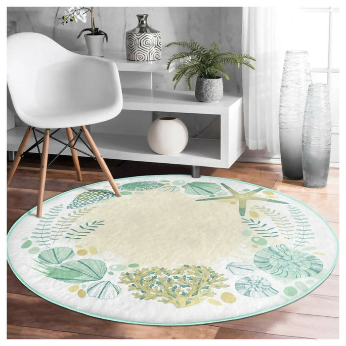 Beach House Round Rug|Non-Slip Round Carpet|Beige Turquoise Starfish Seahorse Carpet|Seaweed Seashell Nautical Area Rug|Coastal Home Decor