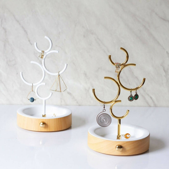 HOOP - Jewelry Holder / Organiser / White and Gold / Wooden Base / Earring and Ring Display