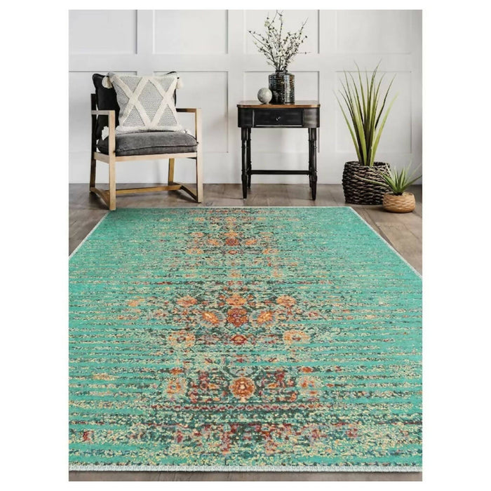 Turquoise Area Rug|Ethnic Machine-Washable Non-Slip Rug|Decorative Abstract Floor Rug|Boho Living Room Rug|Multi-Purpose Anti-Slip Carpet