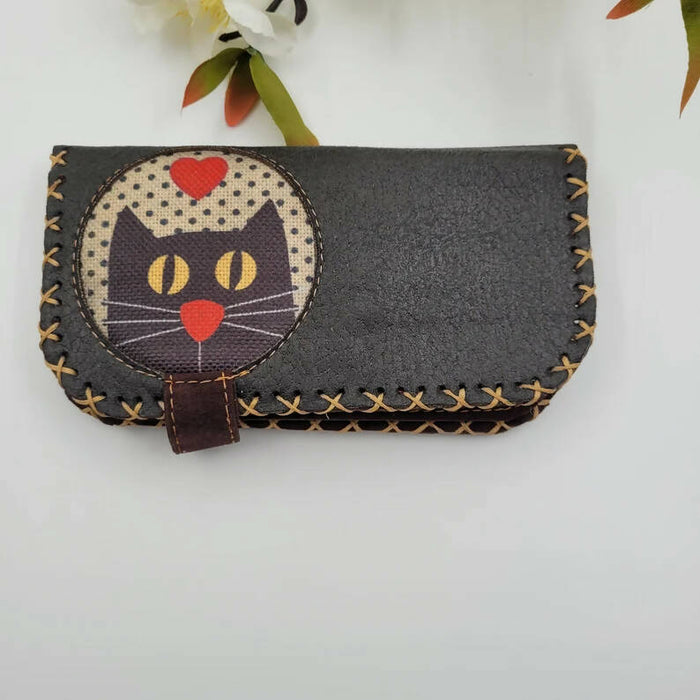 Black Cat Leather Wallet|Bohemian Nubuck Small Bag|Vegan Money Bag|Authentic Card Holder|Handmade Wallet for Women|Eco Friendly Coin Purse - wboxgo.com