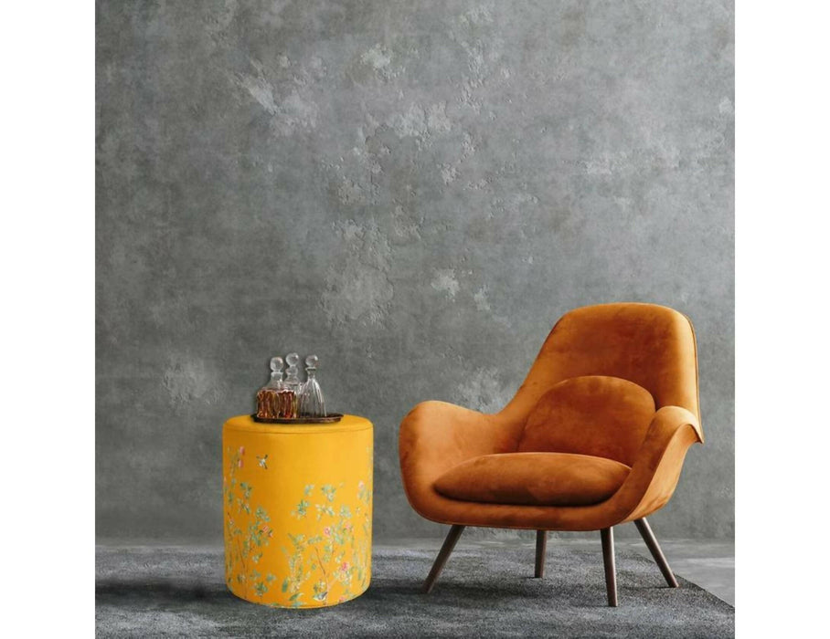 Floral Bird Round Pouf|Wooden Frame Pouf Chair|Decorative Footstool|Suede Circle Seat with Leaves|Ottoman Chair Stool|Cozy Living Room Decor